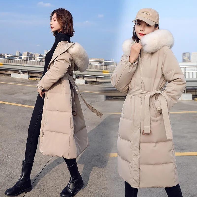 Nova jaqueta de inverno feminina parkas gola de pele com capuz algodão acolchoado casaco longo coreano solto quente engrossar outwear