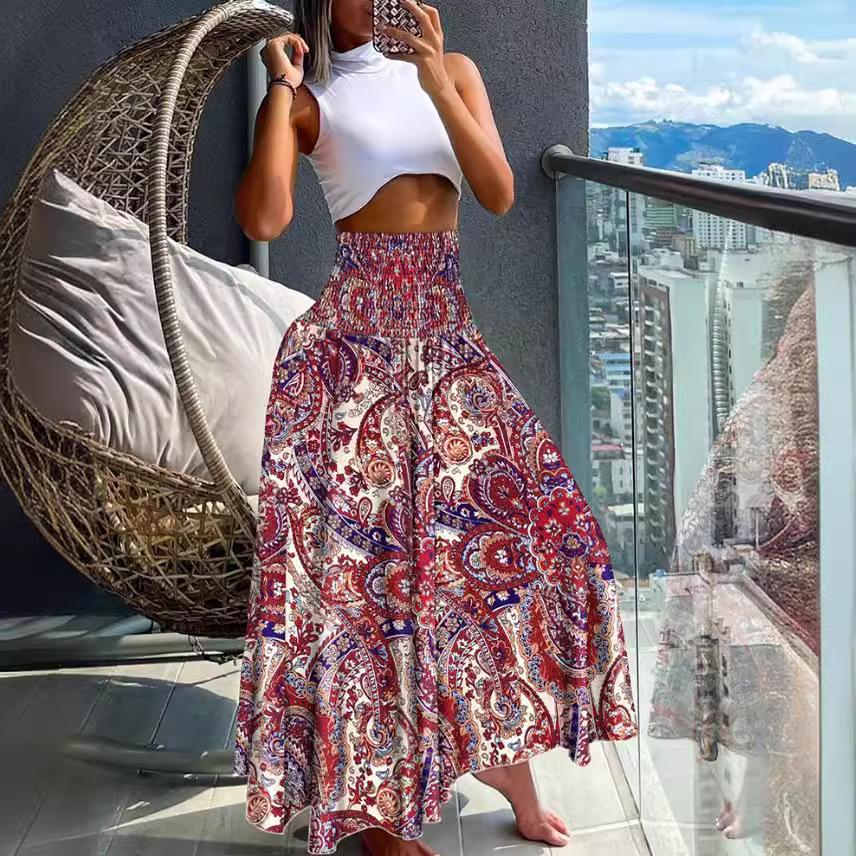 

2025 Summer Women s Printed Beach Vacation Long Skirt with Big Hem XL червоний