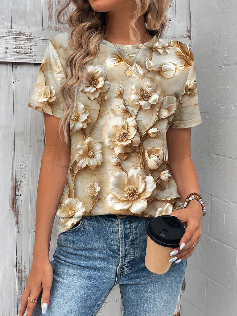 Sunflower Color Flower 3D Printing Women's T-shirt Casual Round Neck Short-sleeved Top Harajuku Y2k Tee Women's Clothing