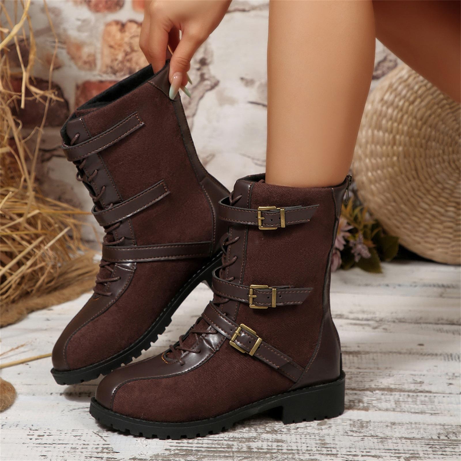 Women s Fashion Round-Toe Chunky-Heel Mid-Calf Boots With Belt Buckle And Laces 37 кофейный