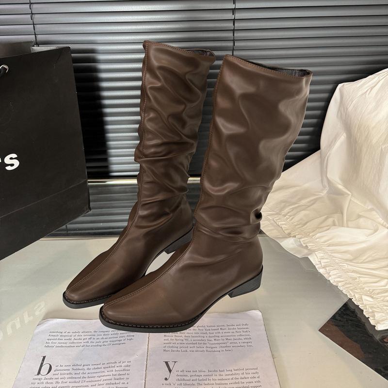 Pile boots women's boots 2025 new spring and autumn retro but knee thin solid color thick heel knight boots