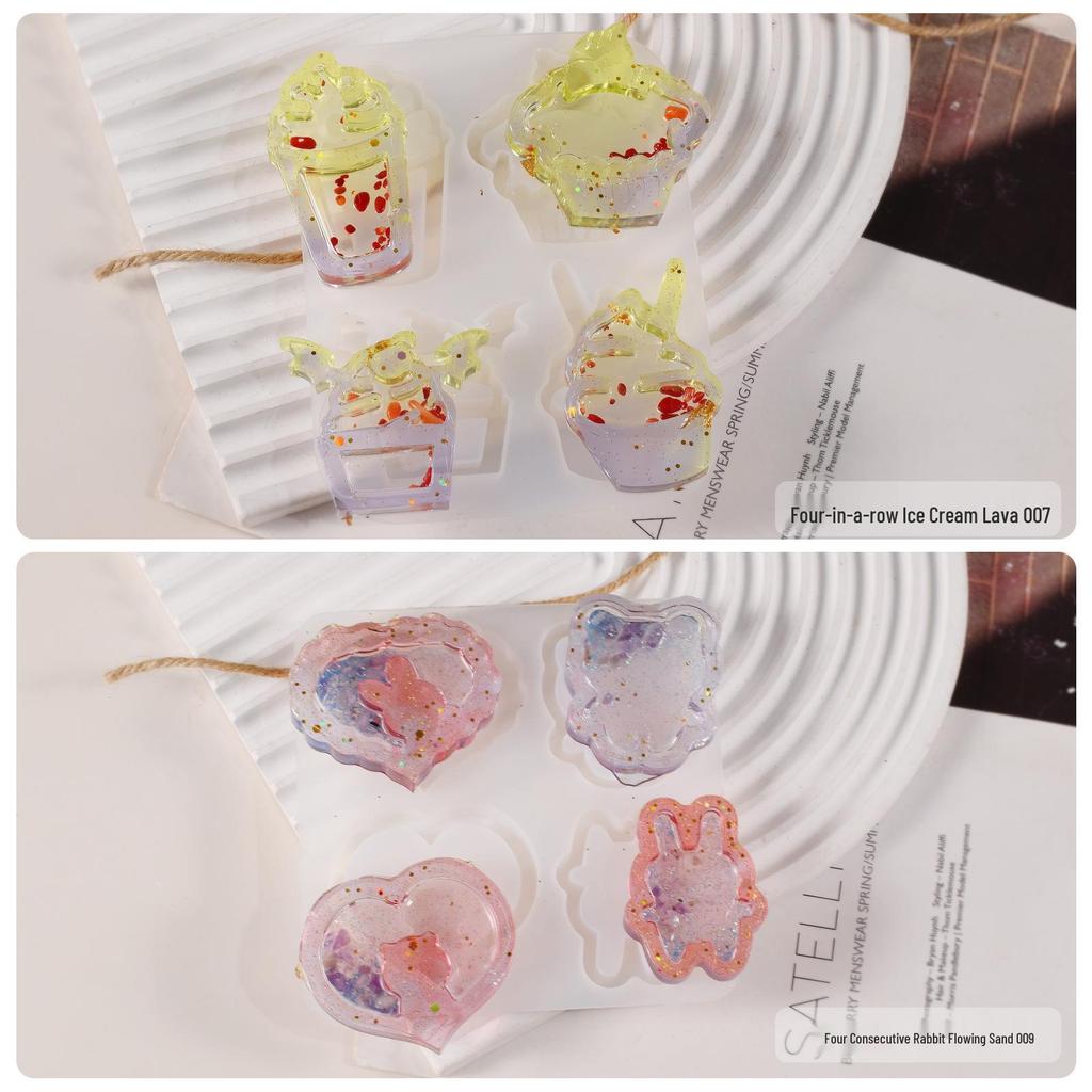 DIY Silicone Mold for Epoxy Resin Mirror, Earring, Pendant, Keychain - Sweet Cone, Heart, Rabbit, Cat & Flowing Sand Designs