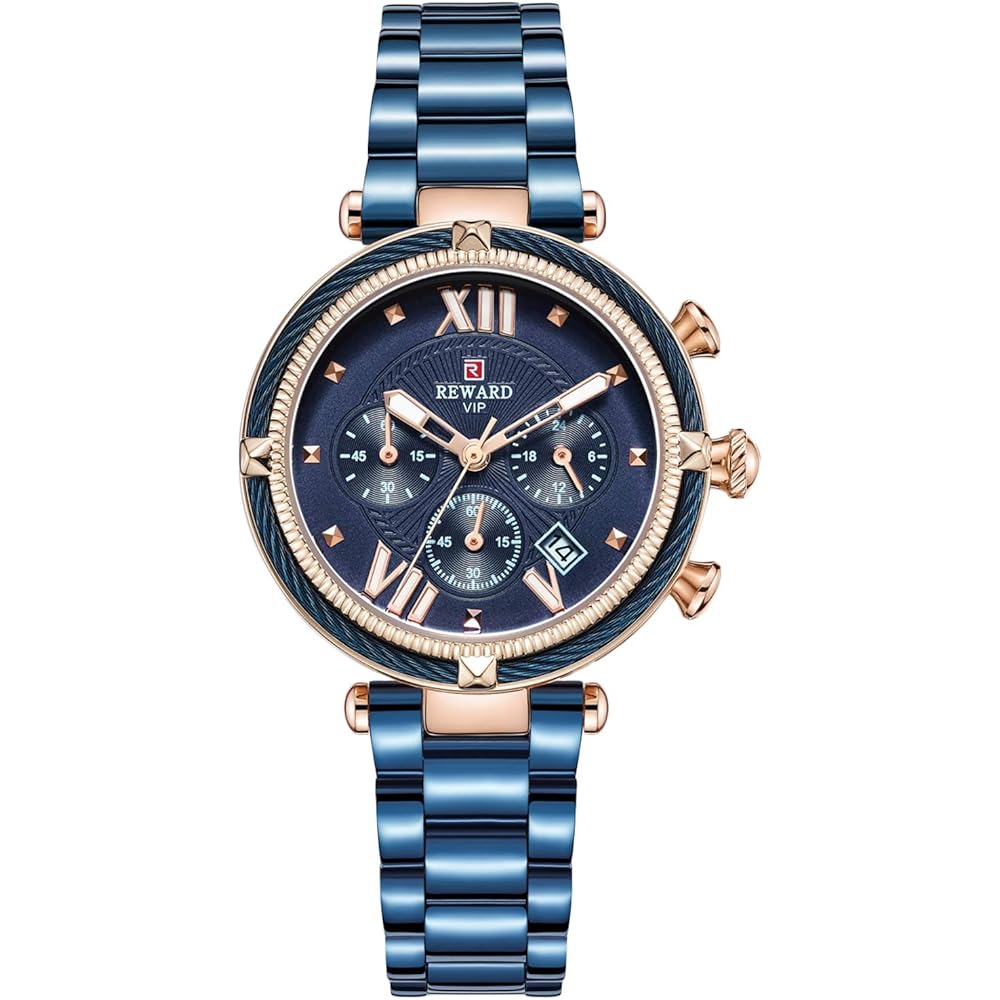 Rorios Women s Luminous Analog Quartz Watch Stainless Steel Band Date Display Blue