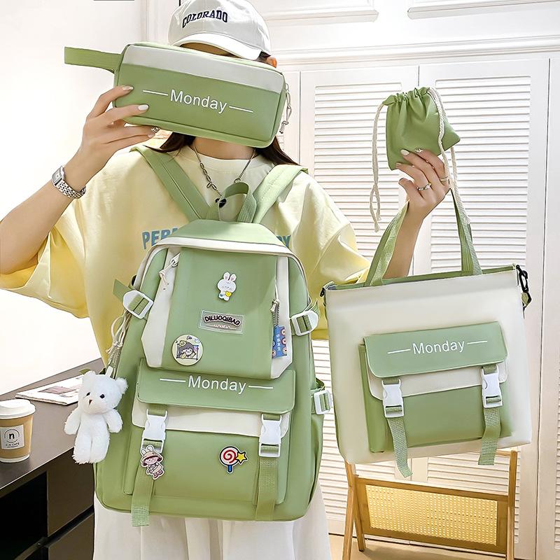 School bag four-piece school bag female versatile primary school student backpack tote bag fashion color matching large-capacity junior high school