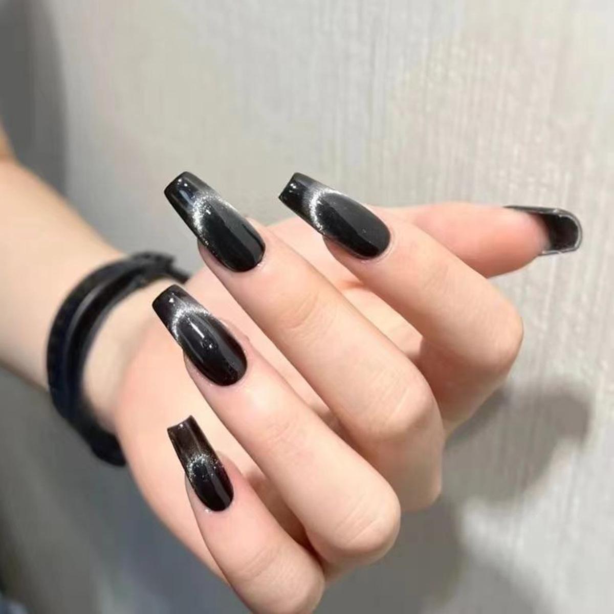 

Long Black Cat Eye Crystal Press-on Nails with Whitening Effect