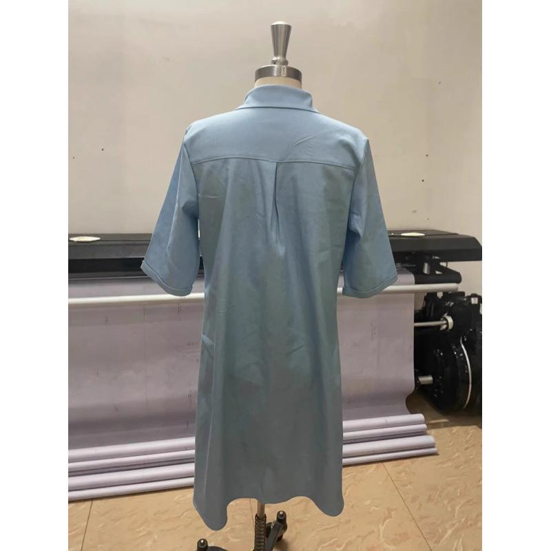 Women‘s Collar Neck Short Sleeve A-Line Midi Dress Denim Solid Casual Plus Gown