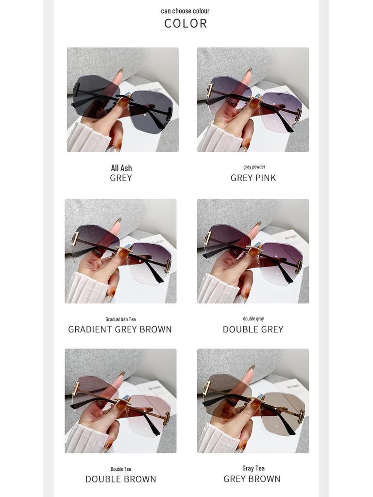 Rahmenlose Große Metall-Sonnenbrille für Damen: Europäischer & Amerikanischer Stil, Farbverlauf UV-Schutz, High-End, Schlankmachender Look