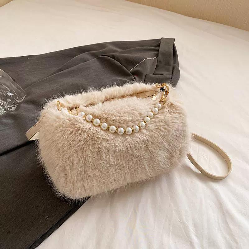 Yogodlns Winter Fashion Women's Faux Fur Shoulder Bags Candy Color Pearl Handle Crossbody Bag Small Fluffy Female Pillow Handbags