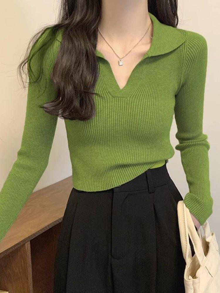 Dámský krátký pletený svetr s polokošilí v korejském stylu na podzim 2025 - Design slim fit