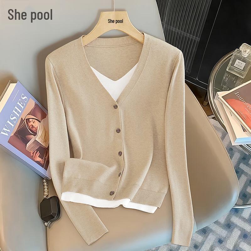 

Women s V-Neck Color-Block Faux Two-Piece Knit Top M