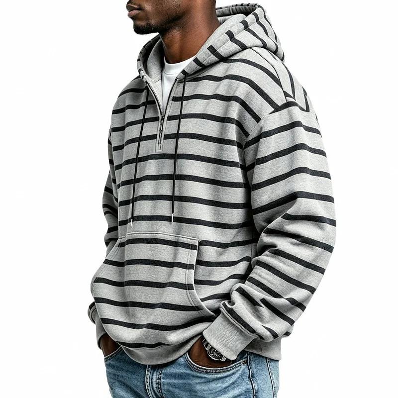 Men S Striped Half Zip Hoodie Long Sleeve Casual Loose Fit Kangaroo Pocket Sweatshirt