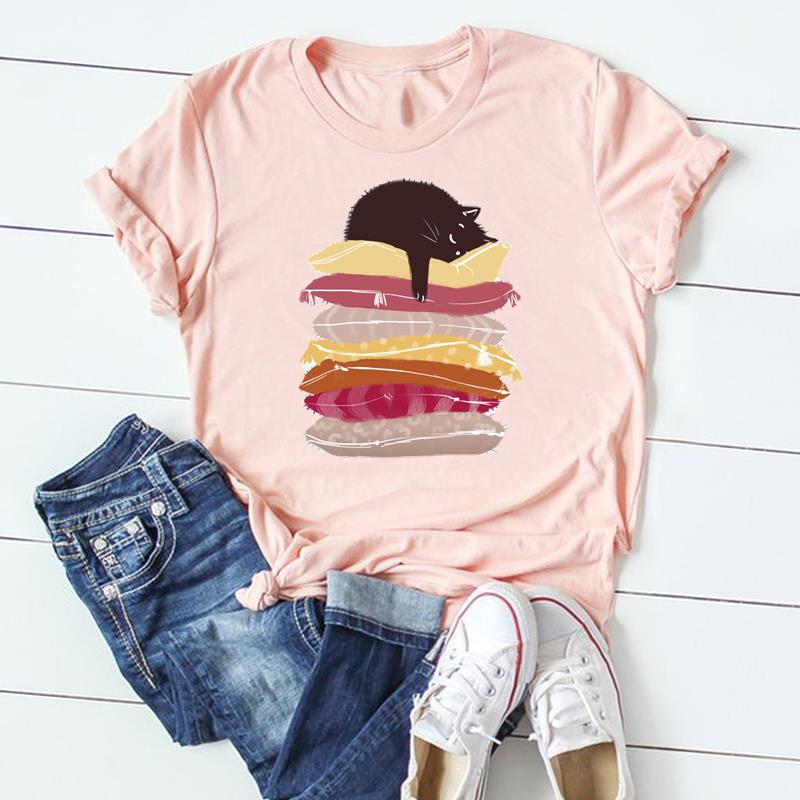 (Asian Size) Tshirt Lady Cartoon T Tee Top Women Print Fashion Clothes Female Clothing Short Sleeve Cat Animal Pet Graphic T-shirt