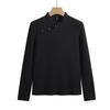 Women's Retro Korean Style Cotton Slim Fit Long Sleeve T-Shirt with Stand Collar and Diagonal Buttons 