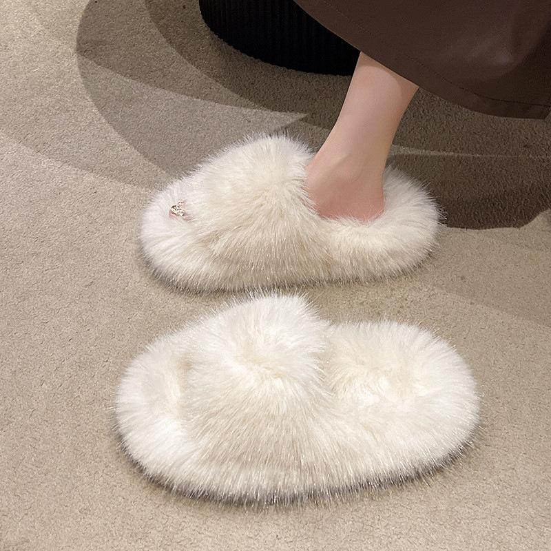 Autumn and Winter New Fluffy Slippers Women's Large Size Thick-soled Plush Women's Slippers Room + Soft-soled Household Cotton Slippers