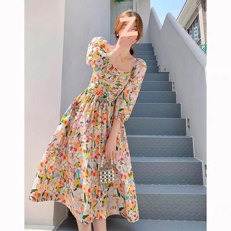 Summer French Hepburn Style High-end Dress Femininity Retro Chic Beautiful Floral Bubble Sleeve Medium and Long Dress