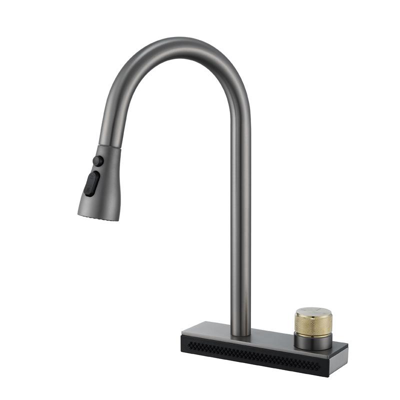 

Gun Grey Pull Out Kitchen Sink Faucet Waterfall Water Single Hole Hot&Cold Mixed Basin Faucet Multi-functional Water Sink Tap серый