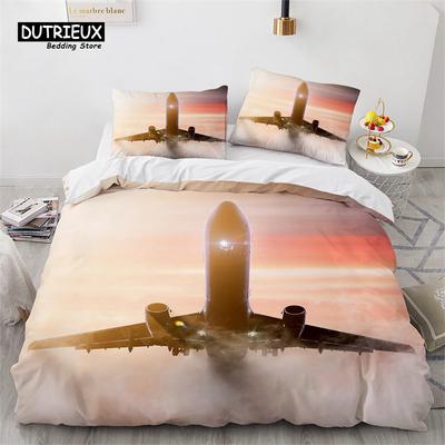 Funda de edredón de avión para niños King Queen Poliéster Aviation Aircraft Runway Juego de ropa de cama Paisaje del cielo Funda de colcha con funda de almohada