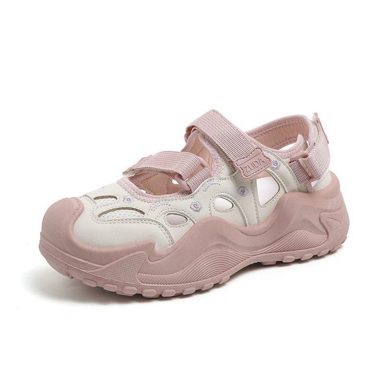 Thick-soled Mary Jane shoes women's 2025 new summer Velcro hollowed-out Roman sandals soft-soled breathable dad shoes
