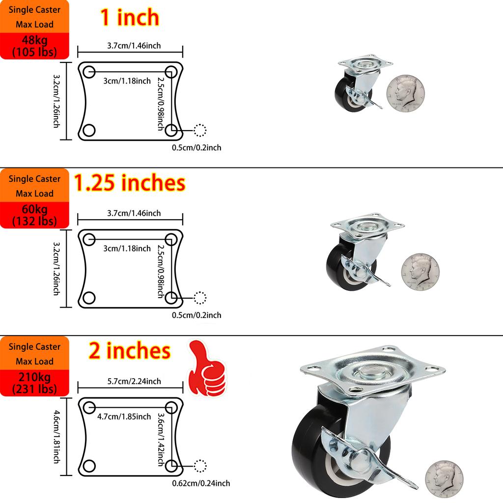 Zestaw 4 kółek meblowych z PVC 1"/1,25"/2" odpornych na zużycie, cichych, uniwersalnych, ciężkich, obrotowych kółek 360 stopni