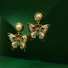 Three-Dimensional Enamel Pearl Flower & Butterfly Earrings, Court Style, Insect Series, 925 Silver Studs for Women
