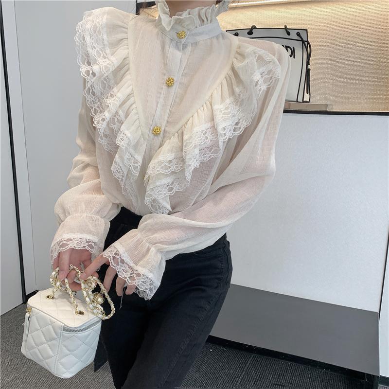 

Винтажная элегантная однотонная модная корейская блузка, женская одежда, шифоновая рубашка с воротником-стойкой и длинными рукавами, кружевные блузки с оборками