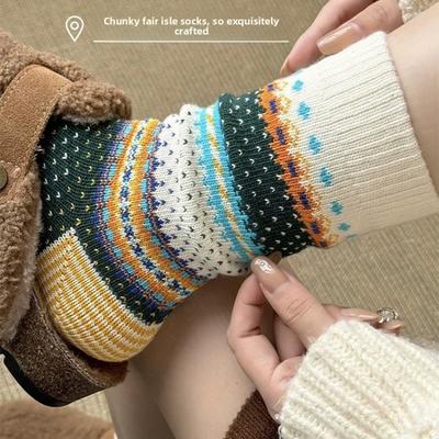 Calzini in Puro Cotone Stile Etnico Retrò per Donna in Autunno e Inverno, Ispessiti, Caldi, Personalizzati, a Blocchi di Colore e alla Moda, Calzini in Spugna