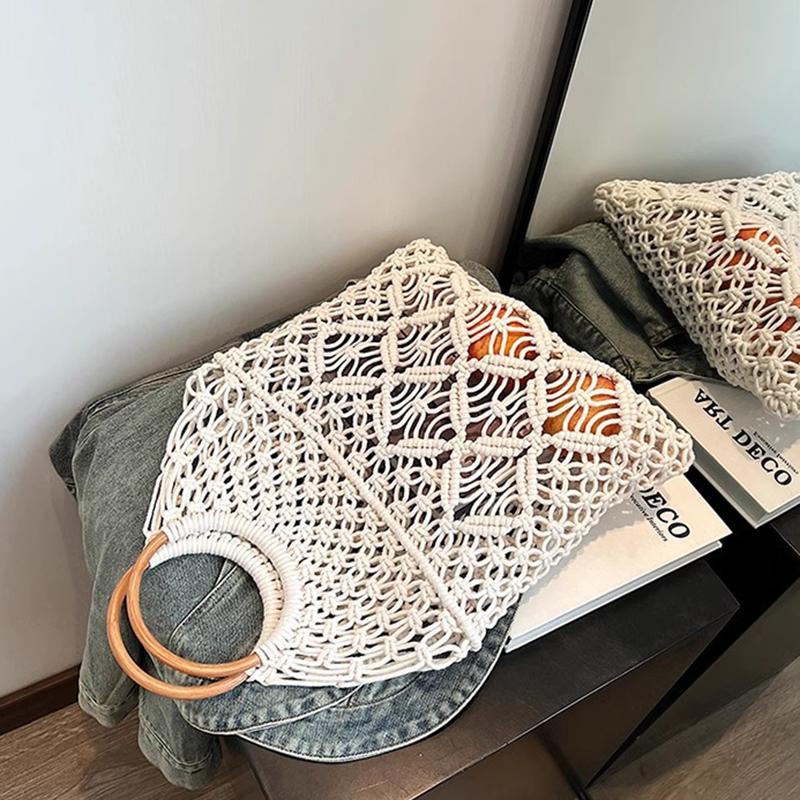 New Wooden Handle Rattan Handle Solid Color Hollow Handmade Cotton Rope Woven Bag Seaside Vacation Handbag Straw Bag