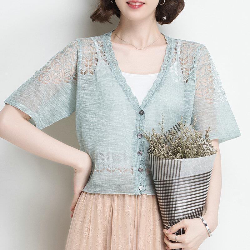 Ice Silk Knitted Cardigan with Short-sleeved Summer Wear Women's New Thin Hollow White Shawl Sunscreen