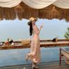 Summer sweet pink flower floral suspender dress dating photo travel wear niche coffee break vacation dress