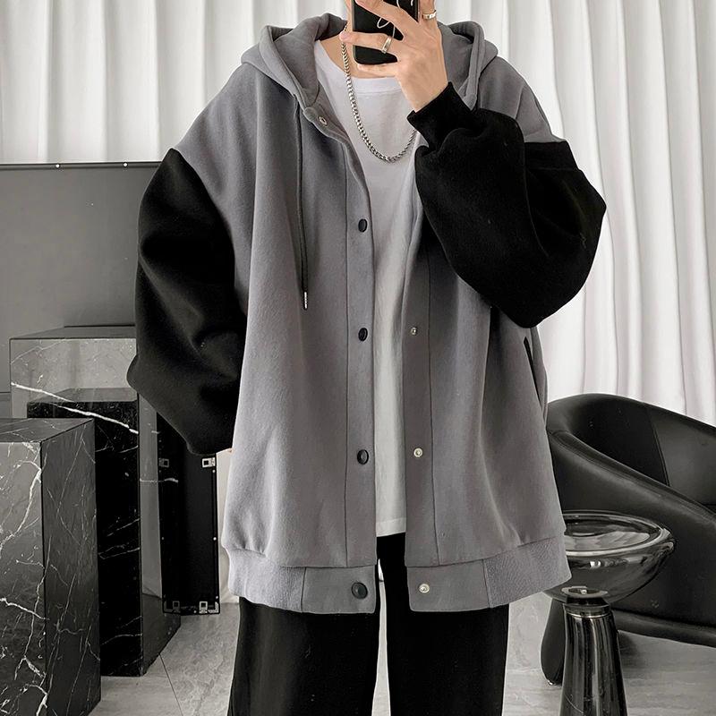 Contrasting Colors Fashion Patchwork Coats Autumn Casual Hooded Men's Clothing Drawstring Style Basic Loose Jackets