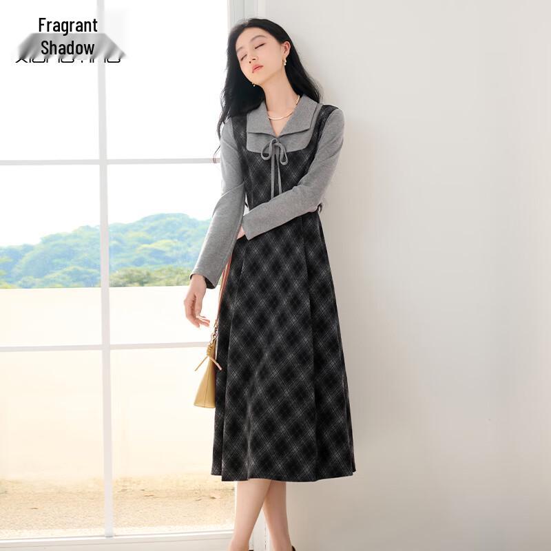Women s Retro Plaid Faux Two-Piece Dress L