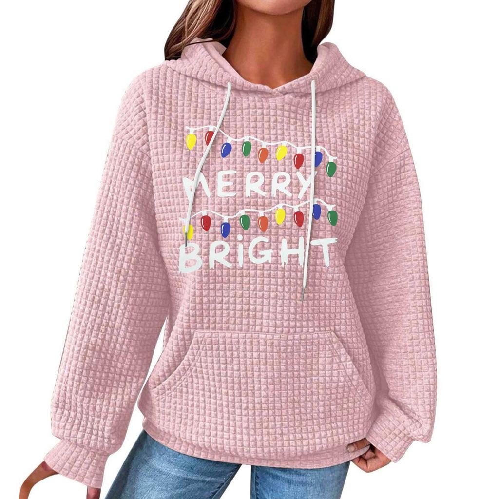 Women's Fashion Loose Hooded Pullover Long Sleeve Plaid Sweatshirt With Drawstring, Drop Shoulder, Pocket, Christmas Print Top
