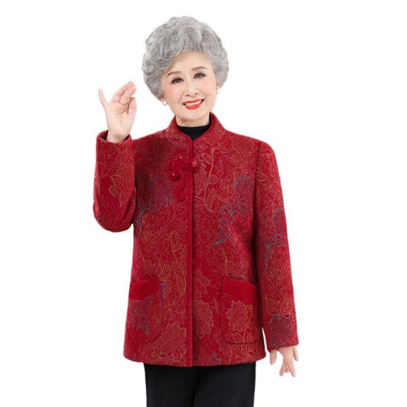 Middle-aged elderly autumn clothes female grandma woolen coat mother autumn and winter new old man old lady thickened Tang suit top