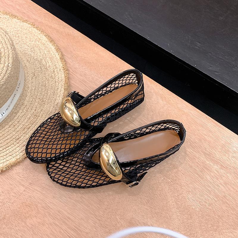 Sheepskin version~ Small gold buckle leather soft-soled mesh sandals women's summer breathable hollow sandals Mary Jane single shoes