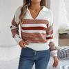 Sweater Women Casual Collar Polo Long Sleeve Knit Pullover Contrast Stripe Autumn Winter