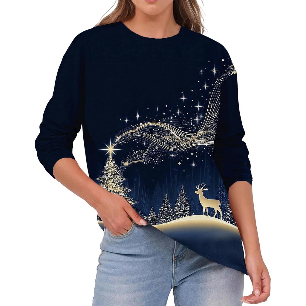 Women's Fashion Casual Christmas Print Round Neck Solid Color Long Sleeve Top