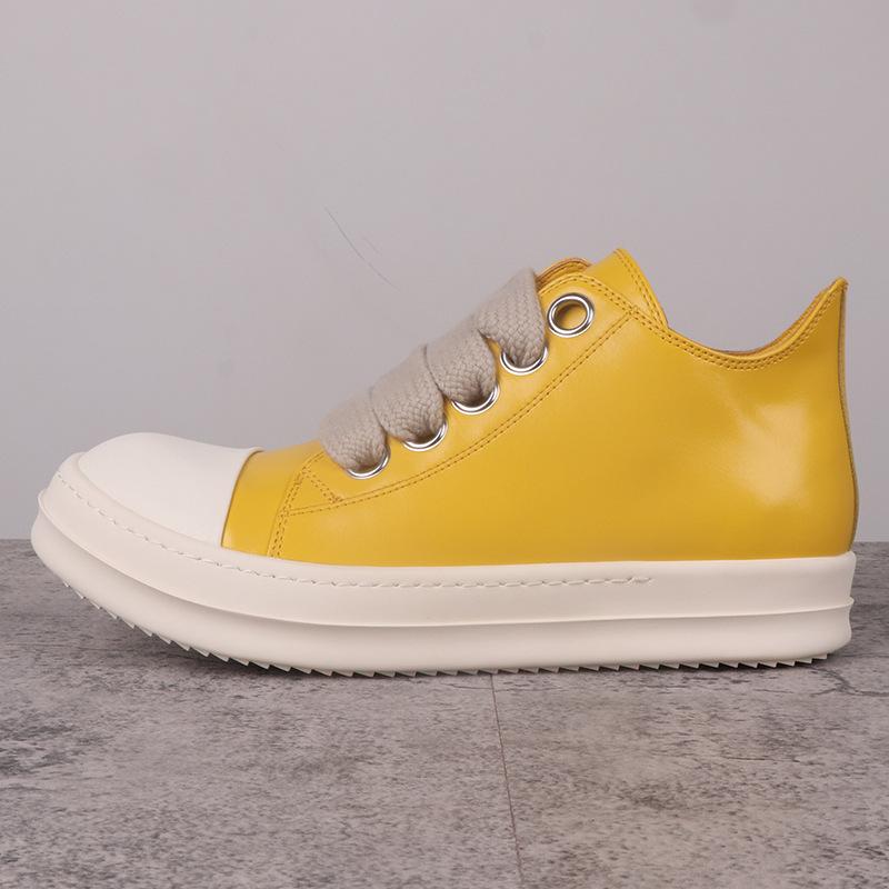 Men's Shoes Genuine Leather Jumbo Shoelace Women's Sneakers Fashion Black Solid Lace-up Men's Casual Shoes