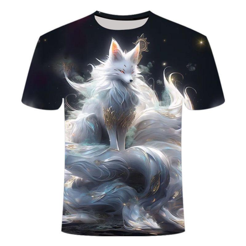 

Летняя новинка 2024 года с коротким рукавом и принтом в виде девятихвостого лиса для мужчин и женщин с круглым вырезом 3XL