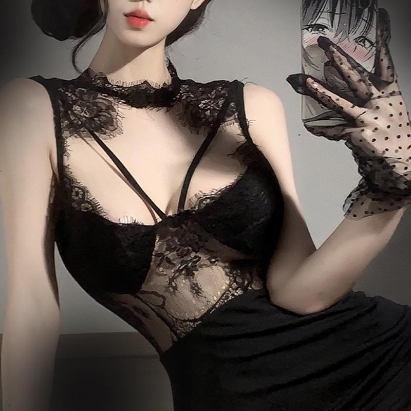 2025 New Sheer Bodycon Skirt Black Sexy Lace-Trimmed Mesh Nightdress Strappy Padded Home Sleep Dress