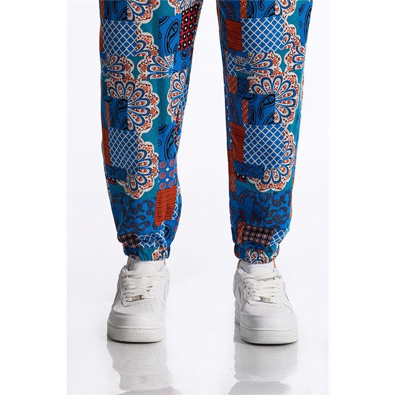 Pánské lněné kalhoty s boho kmenovým potiskem, bavlněné letní ležérní stahovací kalhoty pro venkovní sport, běžecké jogger tepláky