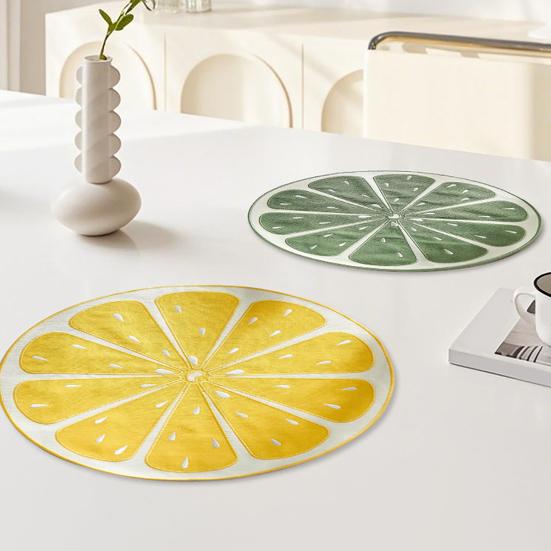 Lemon Slice Placemat Linen Heat Insulation Dining Mat Embroidered Round Orange Washable Placemat for Dining Table Decoration Protection