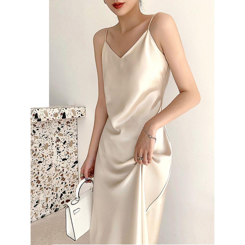 Large Size Plus Size Ladies Covering Belly Thin Acetate Satin Slip Dress