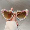 Heart Shape Sunglasses with Pearls and Jimmies Fashion Cute Gradient Multi-color Decor Shades Trendy Original Sun Glasses