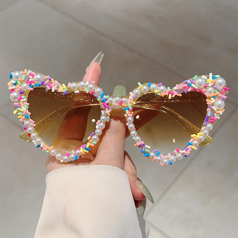 Heart Shape Sunglasses with Pearls and Jimmies Fashion Cute Gradient Multi-color Decor Shades Trendy Original Sun Glasses