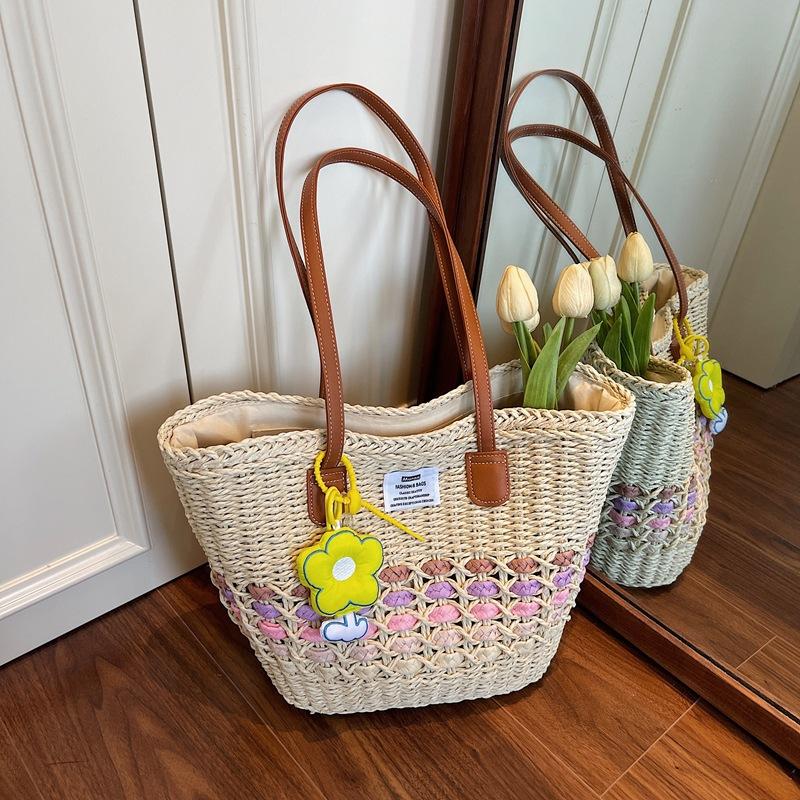 New Woven Shoulder Straw Bag Beach Bag Large Capacity Vegetable Basket Bag Portable Tote Women's Bag