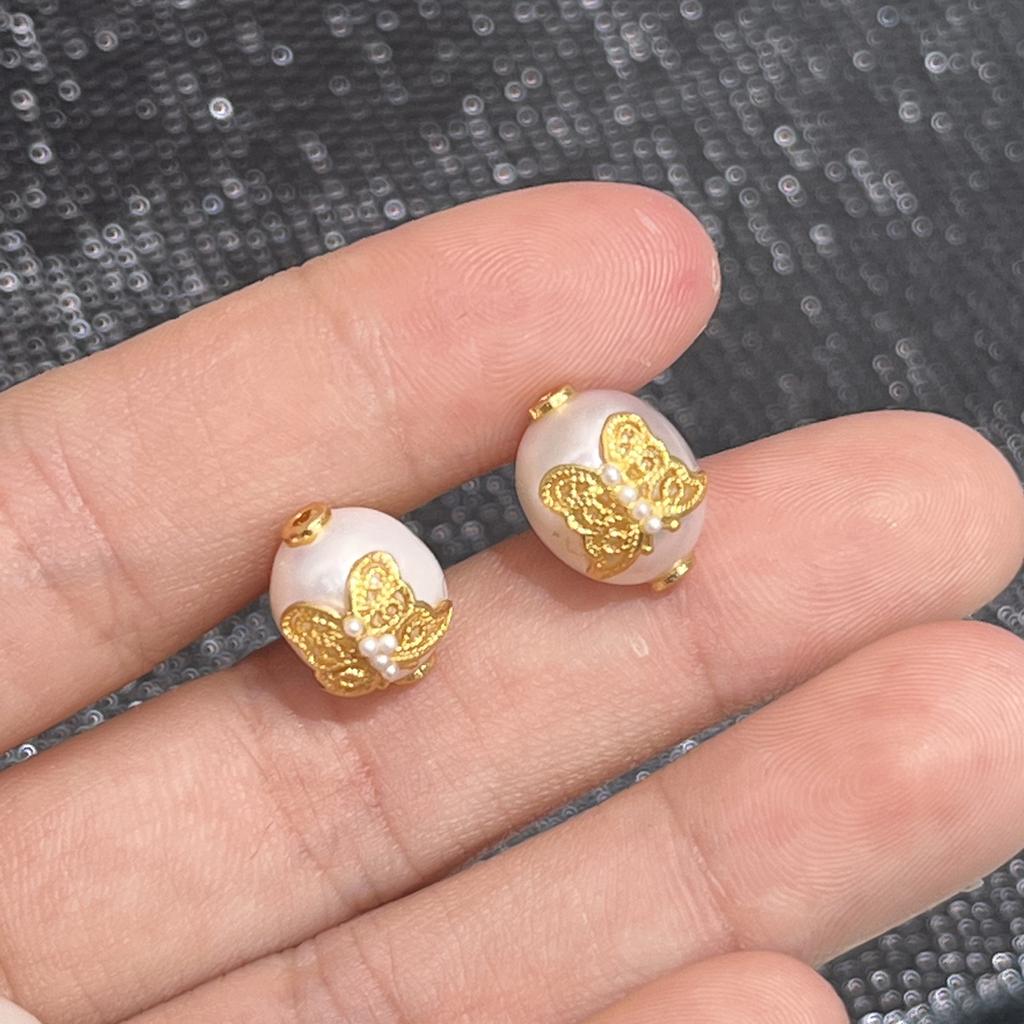 1Pc, Artificial Pearl Beads with Golden Butterfly Decor Accent, Fantasy Style Handmade Rice Beads for DIY Materials Accessories, Jewelry Making 8×12mm