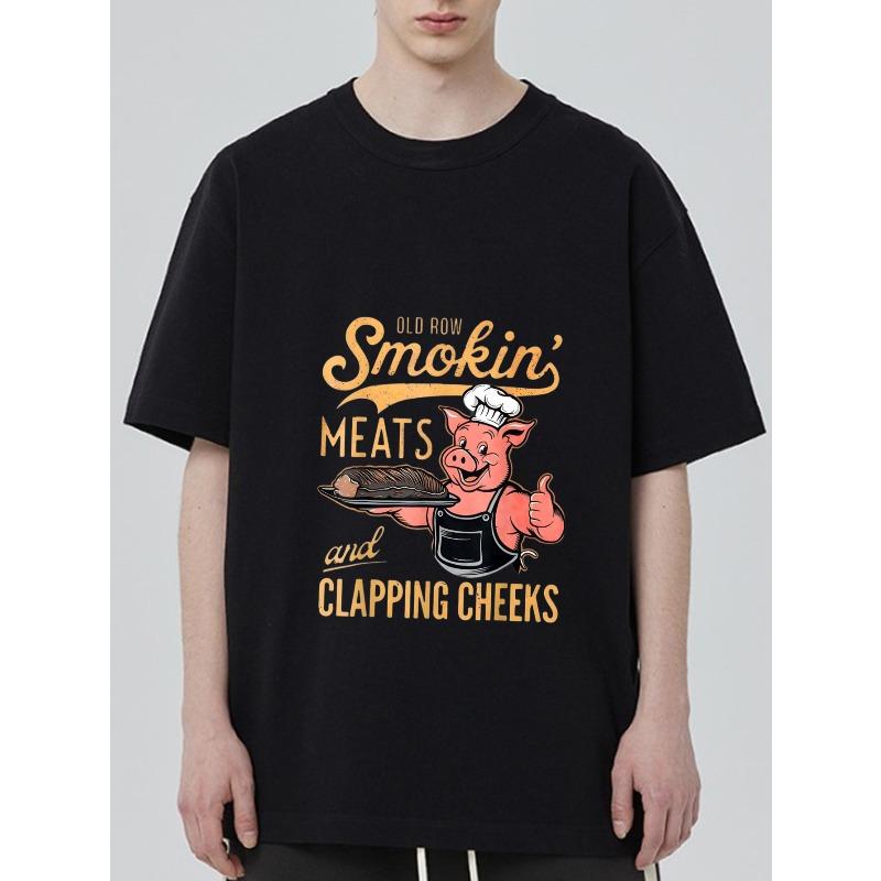 Футболка с круглым вырезом Черная Smokin Meats and Clapping Cheeks Графический принт Повар-свинья Повседневная одежда для мужчин и женщин S