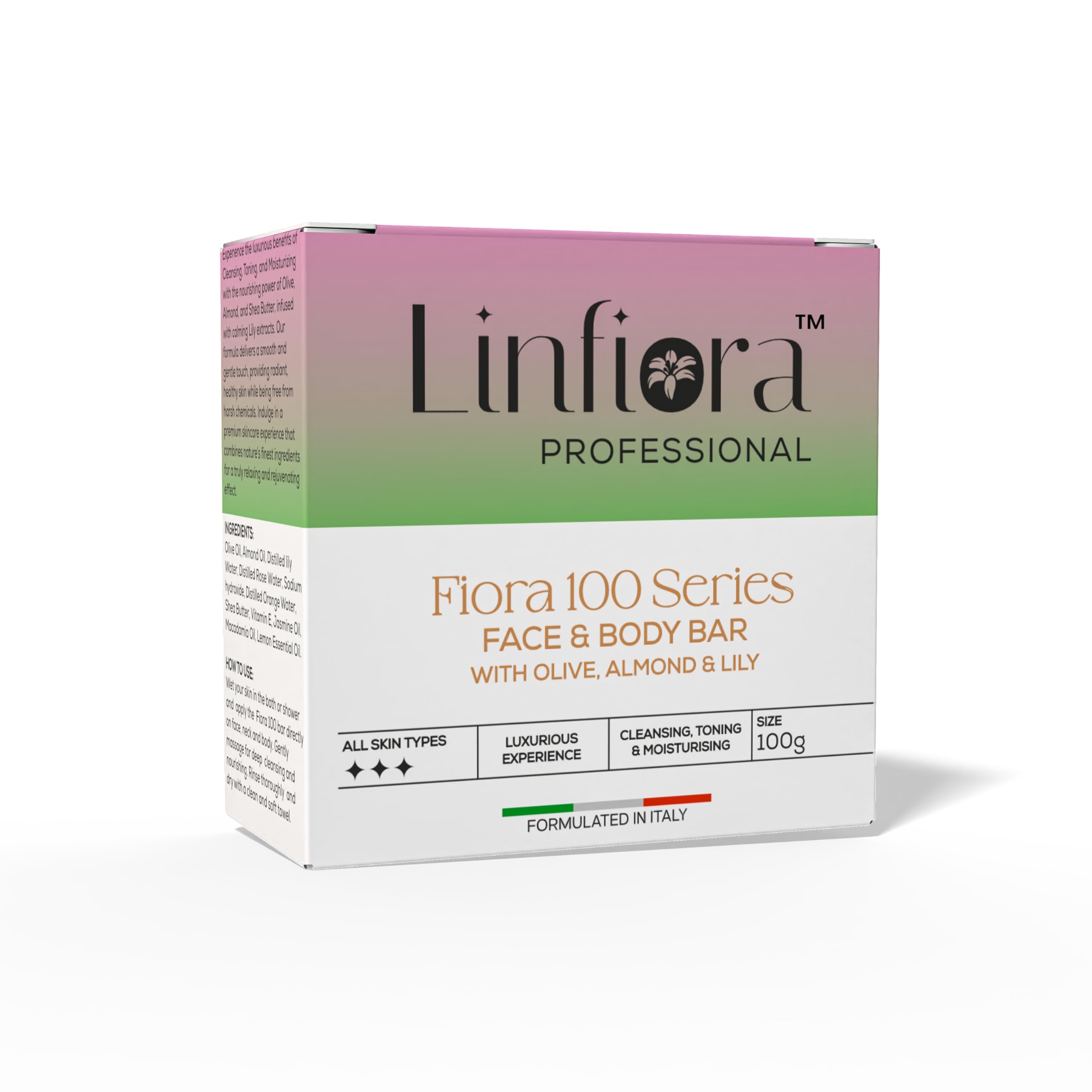 

Linfiora Professional Fiora 100 Series Luxury Face and Body Bar Soap, 100g | 100% Olive Oil, Almond Oil, Lily Essence & Shea Butter | No Sulphate