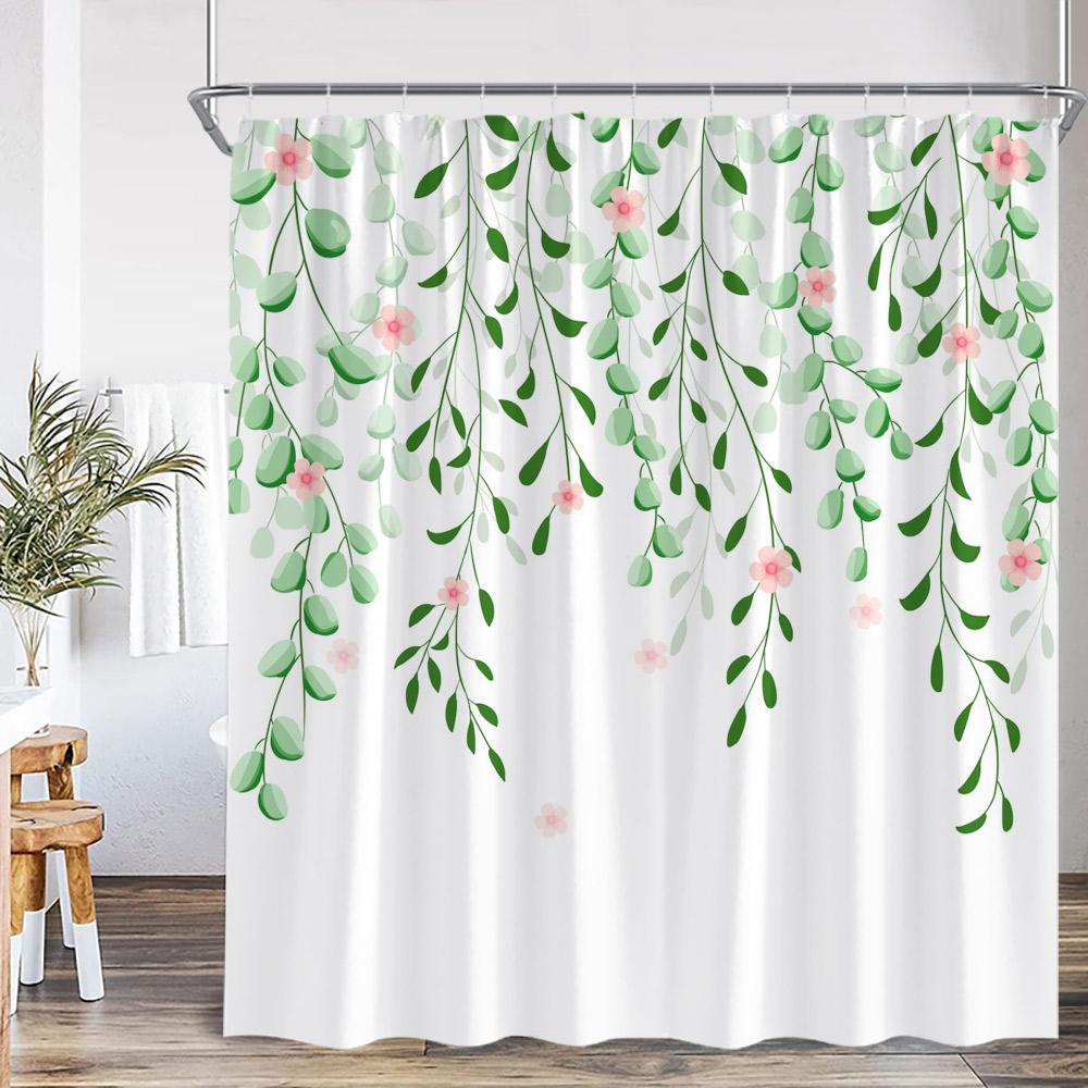 Floral Leaf Shower Curtain Green Leaves Colorful Flower Plant Nordic Bathroom Decor Modern Polyester Bath Curtain With Hook