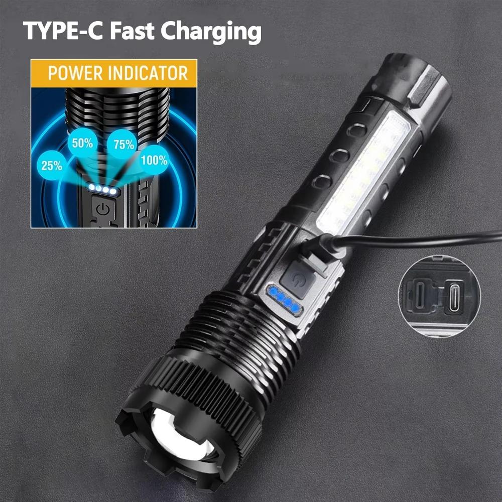 High Power LED Flashlight Fast Type C Rechargeable Light Outdoor Lighting Powerful Handheld Torch for Camping Emergency Spotlights